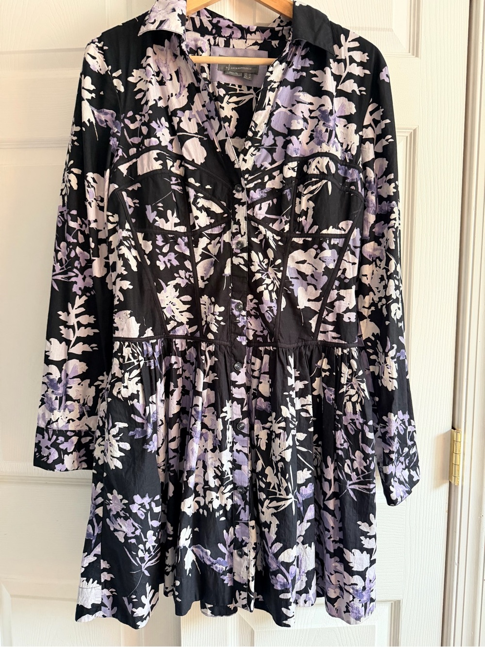 Anthropologie Black Lavender Floral Corset Shirt Dress US 14 Cotton Button Front